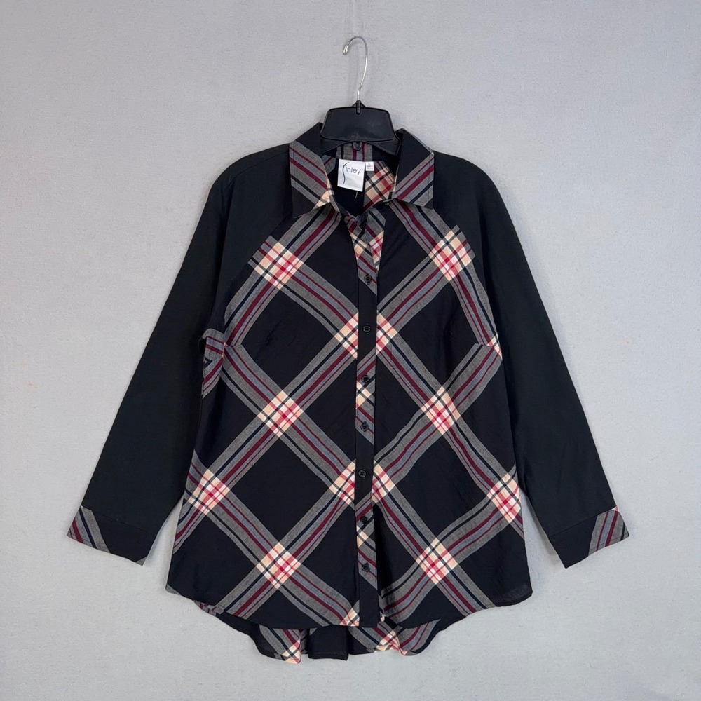 Finley Shirt Womens Large Black Plaid Mixed Media Long Sleeve Preppy Button Up